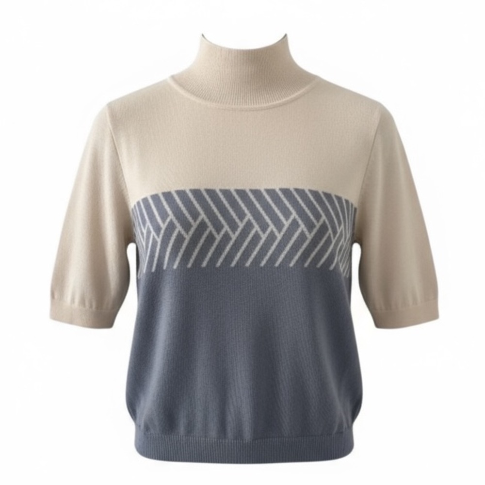 Como Sport Cream and Light Blue Mock Neck Short Sleeve Knit Sweater Size Small
